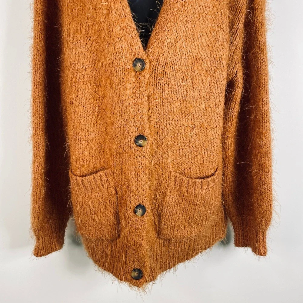 Free People Nevermind Sm Orange Shaggy Knit Button Front Sweater Oversized‎ READ